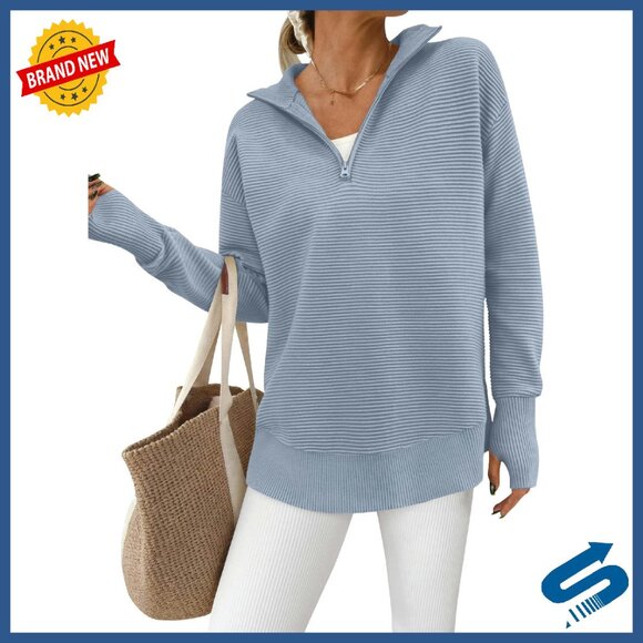 Long Sleeve Quarter Zip Pullover Sweater Ribbed Knit Thumb Hole Loose Fit